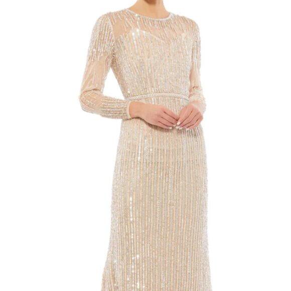 MAC DUGGAL 93629 SEQUINED HIGH NECK LONG SLEEVE TRUMPET ROSE GOLD GOWN sz 16 - Picture 2 of 9